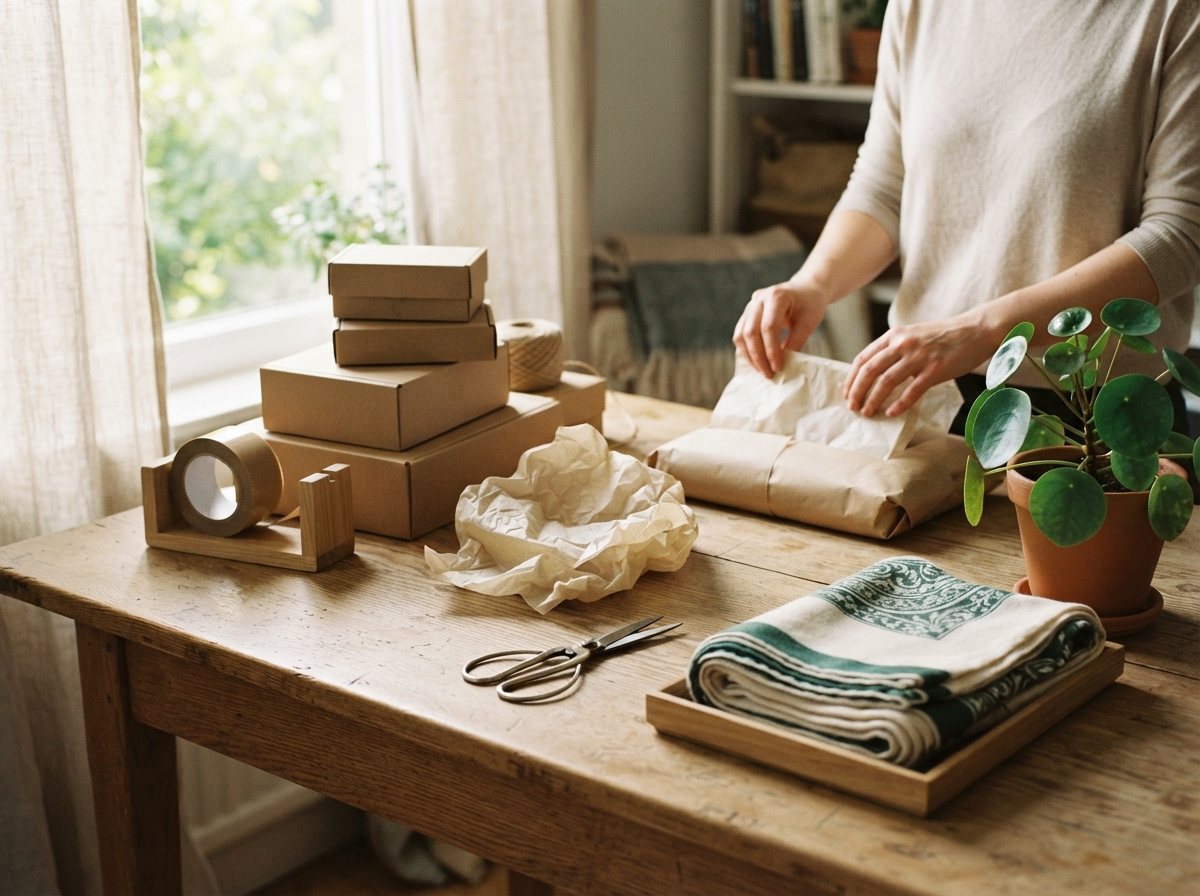 Une table près d'une fenêtre, avec des cartons, du papier de soie et du ruban adhésif