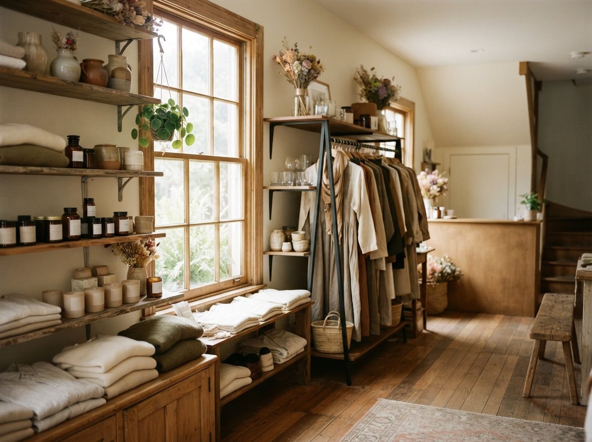 Une petite boutique lumineuse : vêtements pliés, bougies, pots et vases sur des étagères en bois