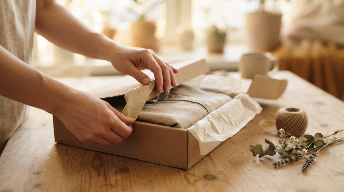 Deux mains ferment un colis en carton, une chemise pliée dans du papier de soie