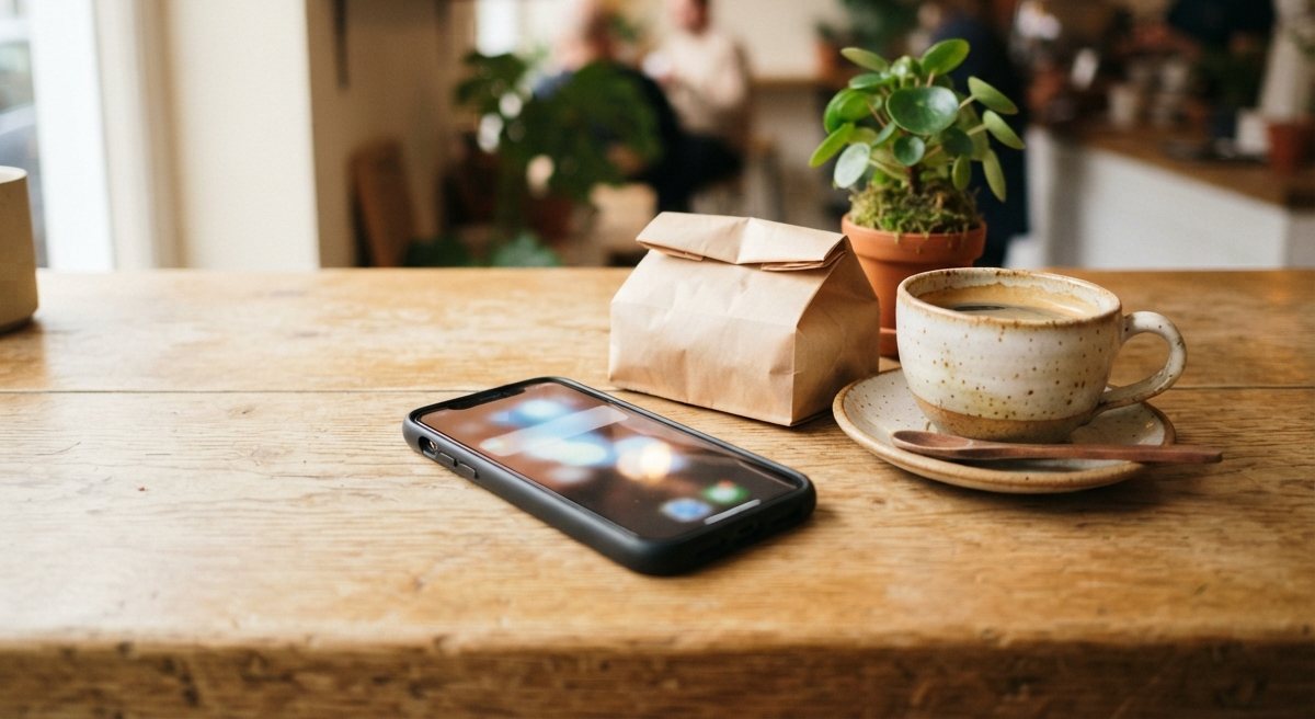 Un téléphone posé sur un comptoir en bois, à côté d'un café et d'un sac en papier