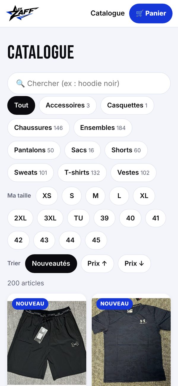 Le catalogue de leszaff.fr sur un téléphone : 200 articles, rangés par rayon et par taille