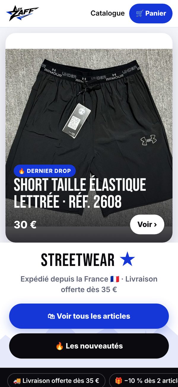 La boutique des Zaff sur un téléphone : un short en vente, le prix, les boutons pour voir les articles