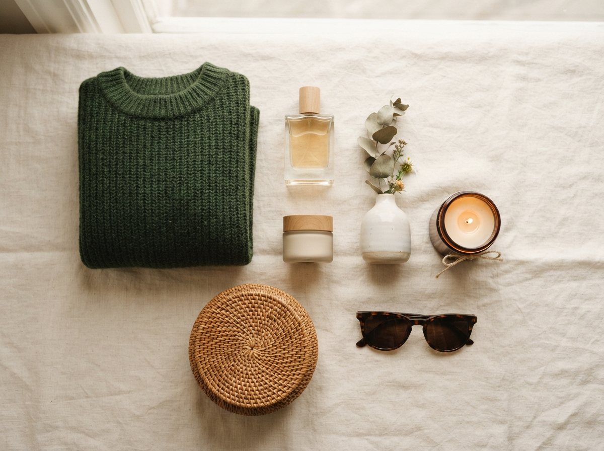 Des produits posés sur du lin : un pull vert, un parfum, une crème, un vase, une bougie, des lunettes