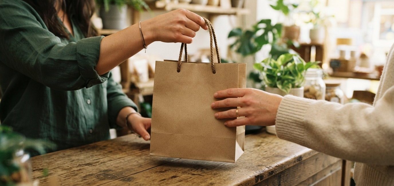 Un sac en papier tendu d'une main à l'autre, au-dessus d'un comptoir en bois